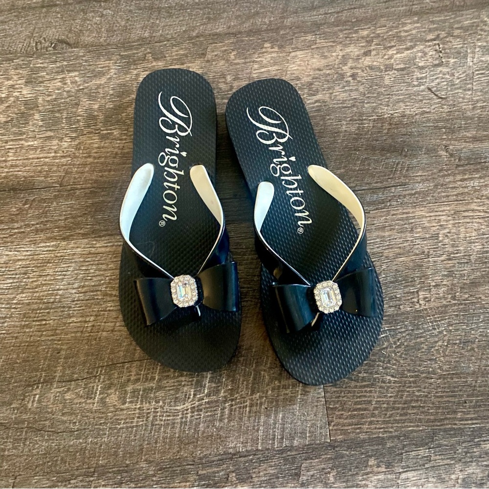 Brighton Bopeep Flip Flops Size 7 Women's Black Bow Flip Flop with Jewel Accent